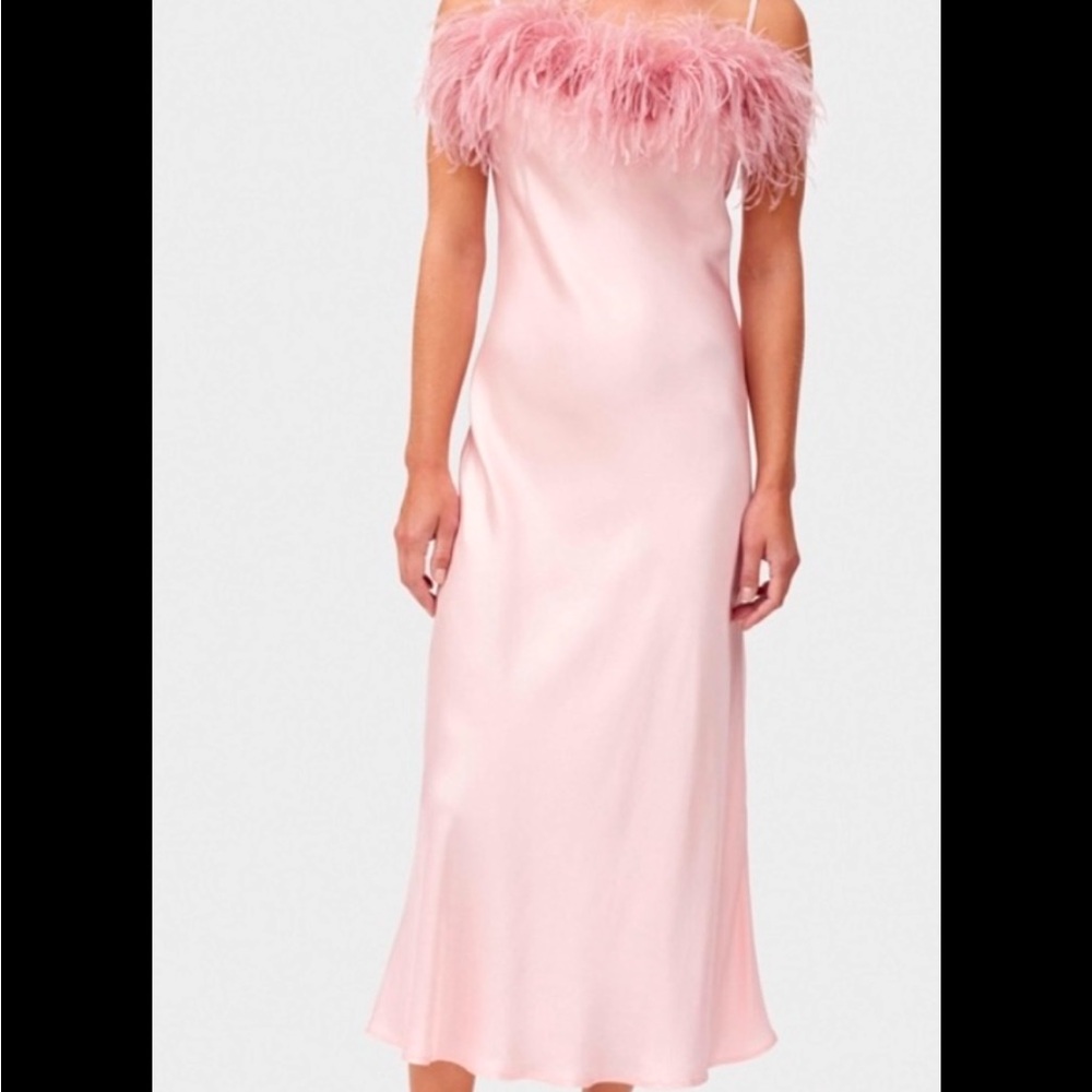 Sleeper Pink Feather-Trimmed Midi Dress